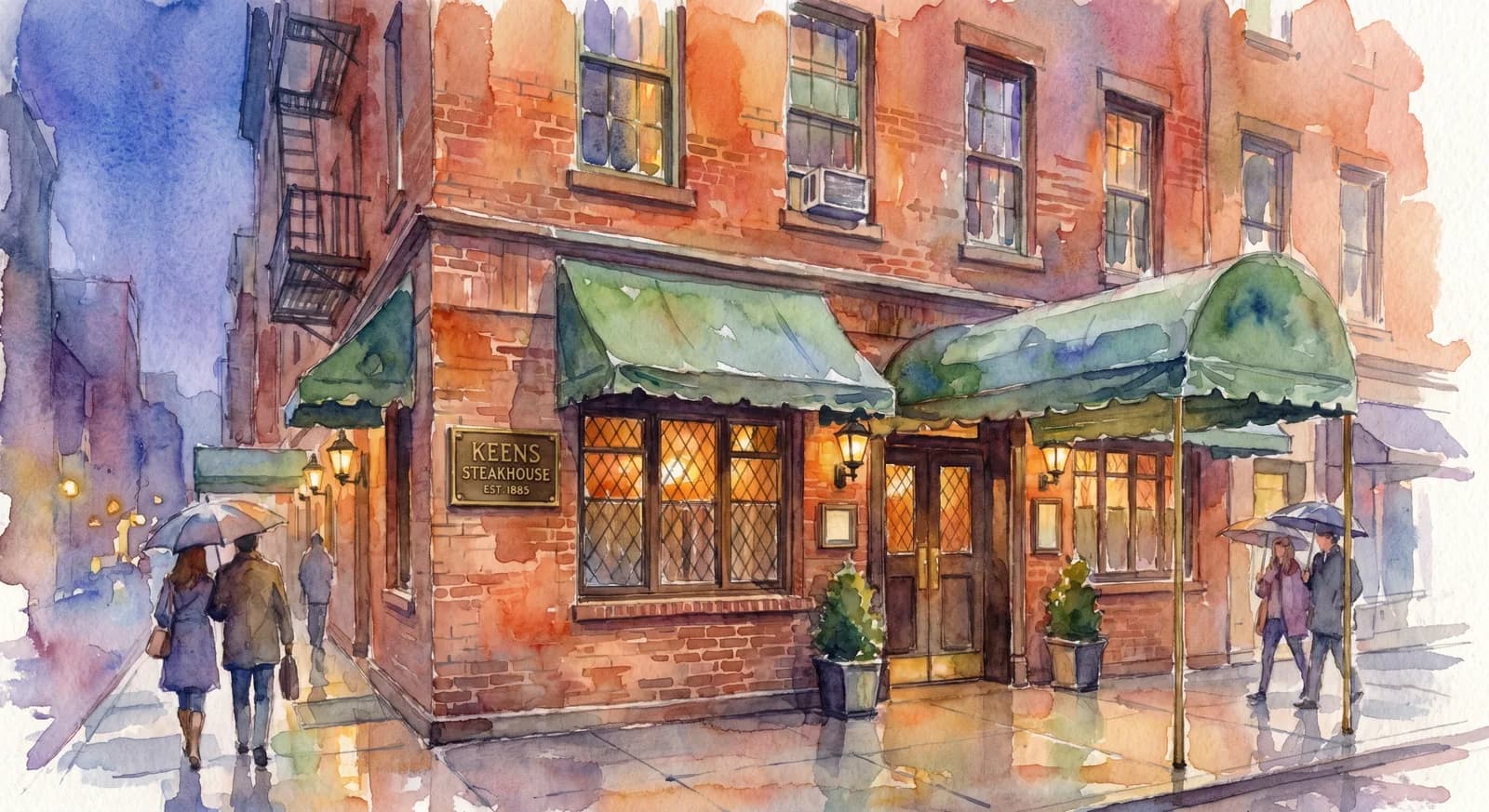 AI-generated watercolor: the exterior of Keens Steakhouse on West 36th Street Midtown Manhattan, brick townhouse facade with the brass Keens nameplate and the green awnings, evening light