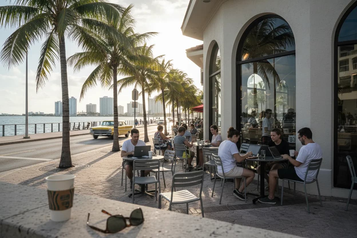 Realistic Miami scene for Miami Starbucks Near Me for Remote Work Mornings