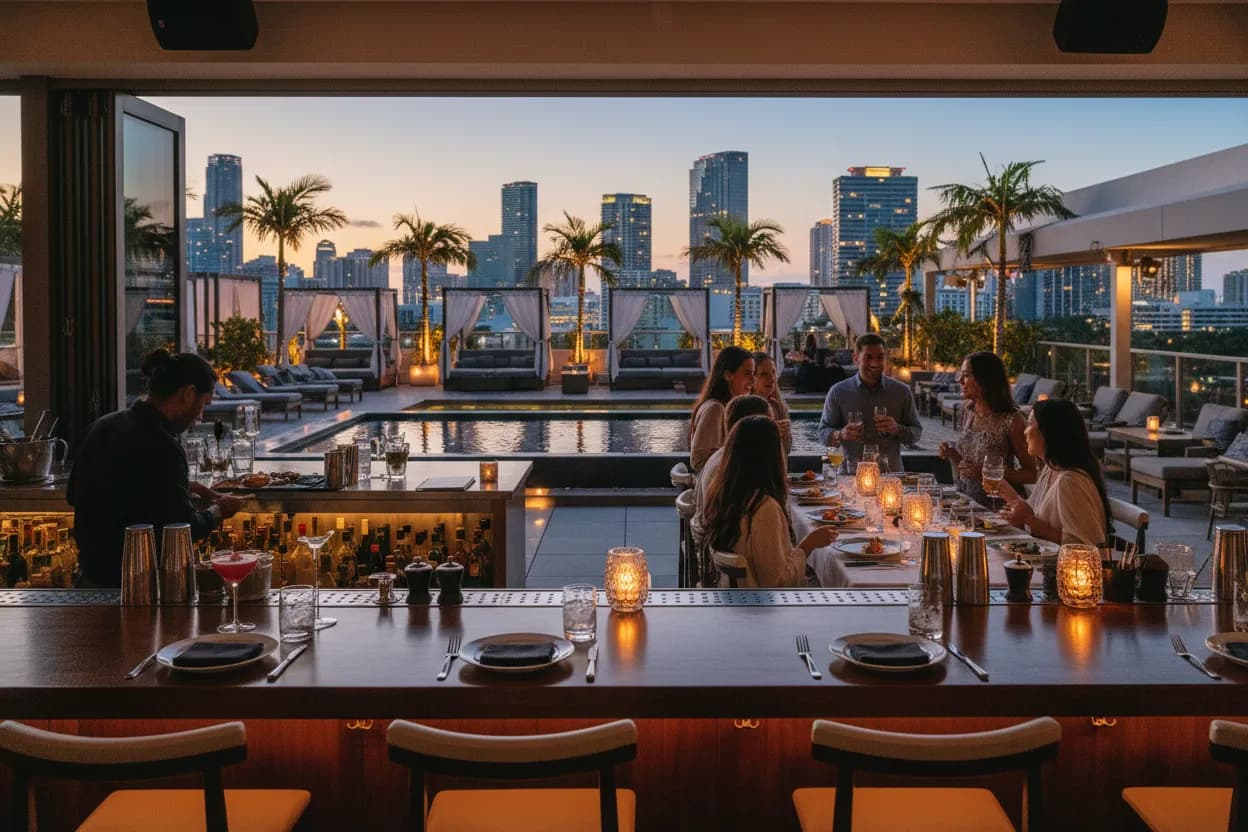 Realistic Miami scene for MILA Miami Guide for Rooftop Dinner and Group Nights