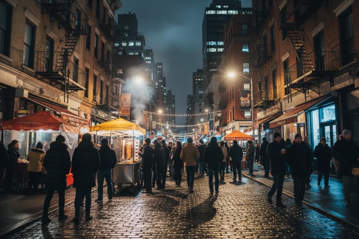 Realistic city scene for middle east: A Practical NYC Market Meal Guide