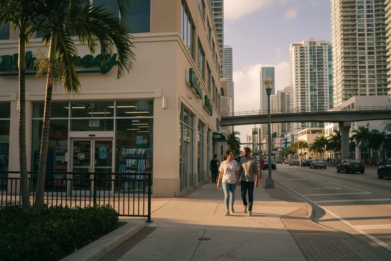 Practical city scene for Miami Walgreens Near Me for Sunscreen and Pharmacy Runs
