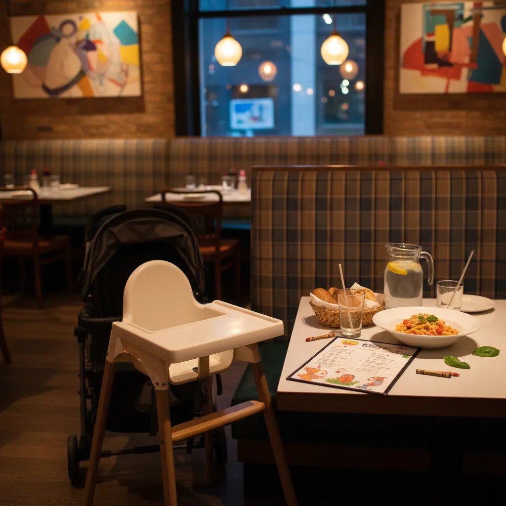 A family-friendly NYC restaurant booth with a high chair and kids meal setup.