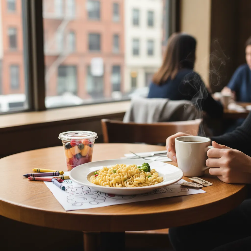 A kids meal, fruit cup, crayons, and parent coffee on a NYC restaurant table.