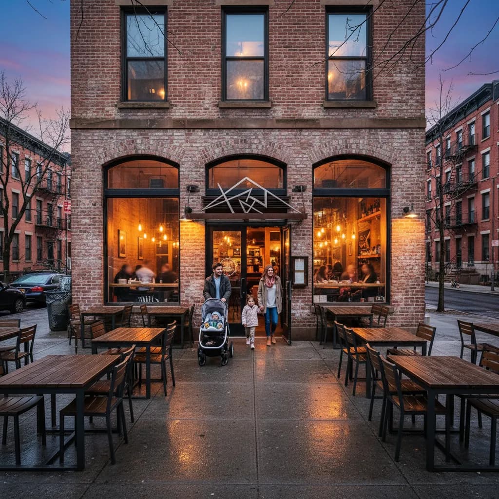 A stroller-friendly NYC neighborhood restaurant exterior before dinner.