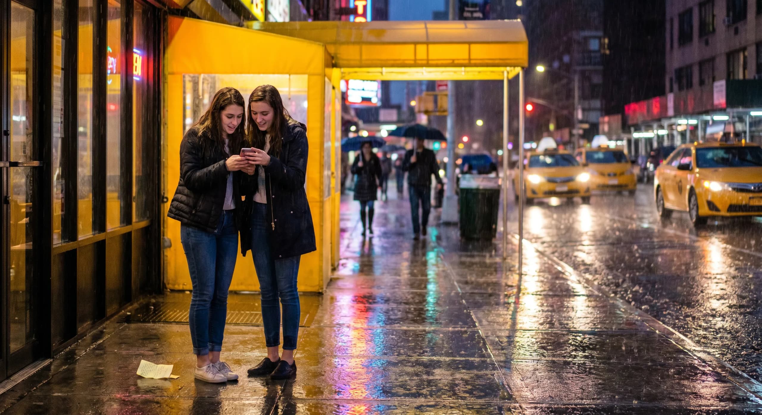 Rainy city sidewalk scene with two friends using a phone to choose a live local plan