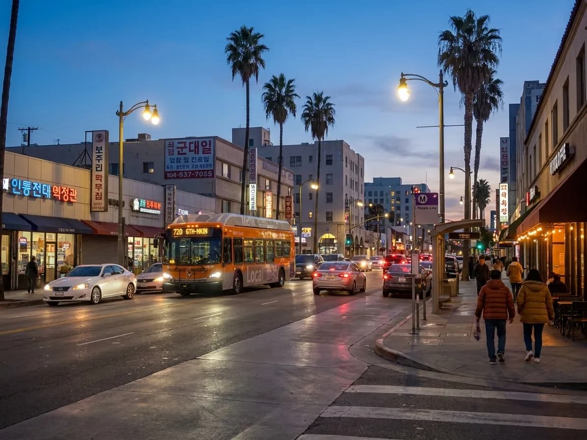 Western Avenue in Koreatown at dusk, showing storefronts with Korean signage and the Purple Line Metro entrance