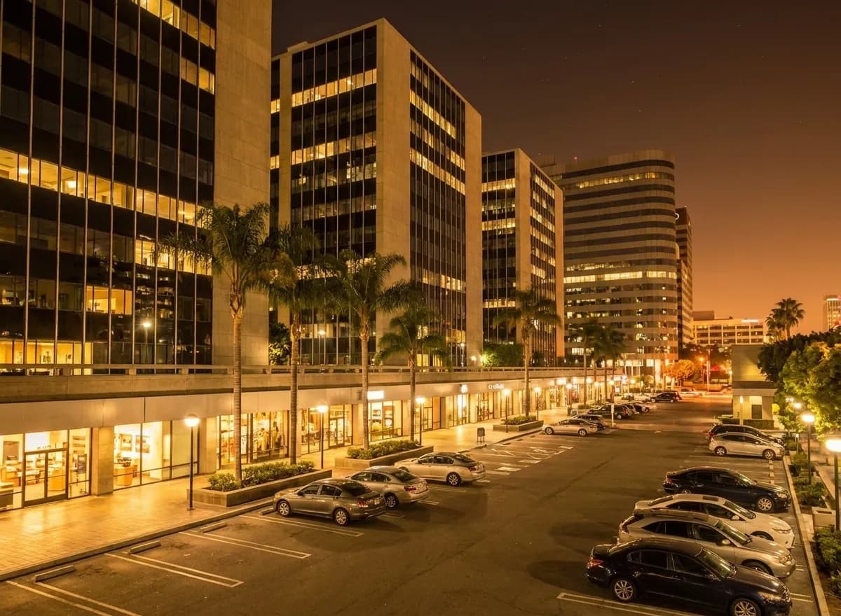 La Brea–Wilshire plaza exterior at night, showing the retail entrance and parking lot under commercial building lighting