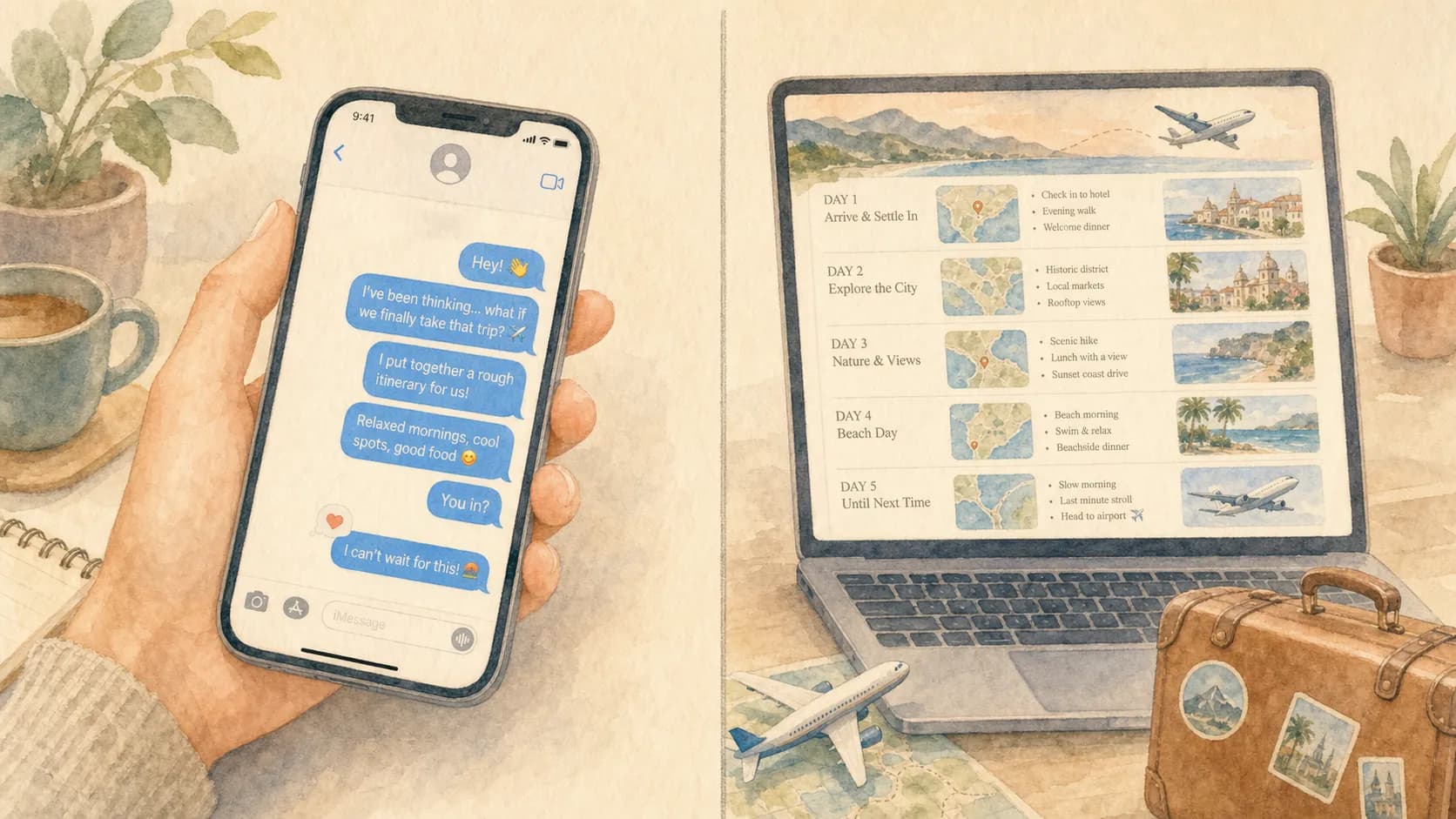 Side-by-side: Karpo in iMessage vs Layla's day-by-day trip itinerary — the city vs the trip