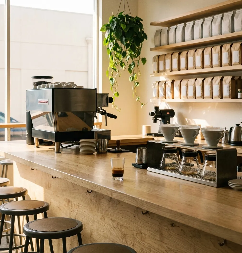 A pale timber coffee counter with an espresso machine at one end and a pour-over station at the other, blank retail bags on the shelf behind