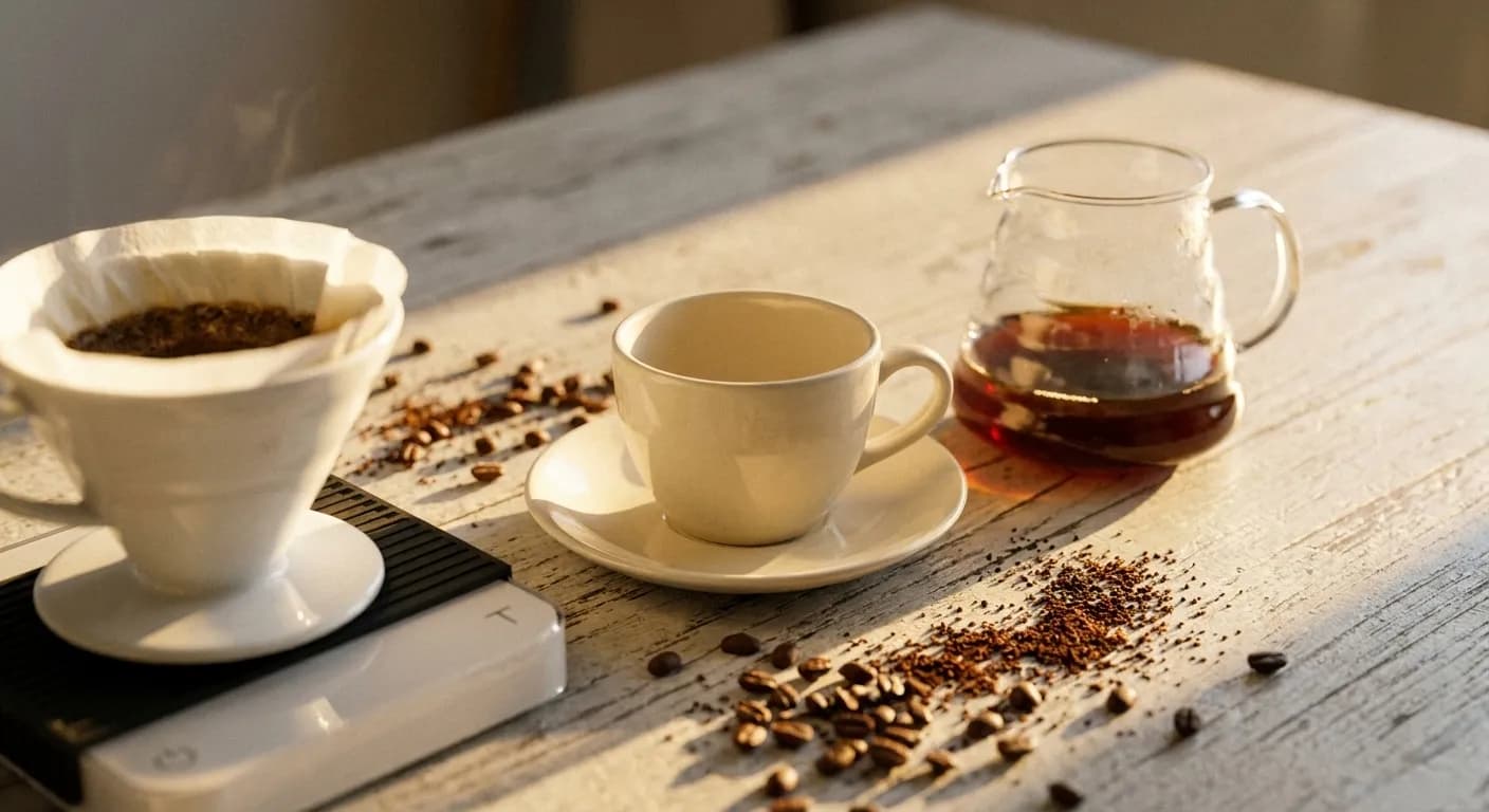 A ceramic cup of filter coffee with a small carafe, a filter cone on a scale and a scatter of grounds on a pale table in raking morning light