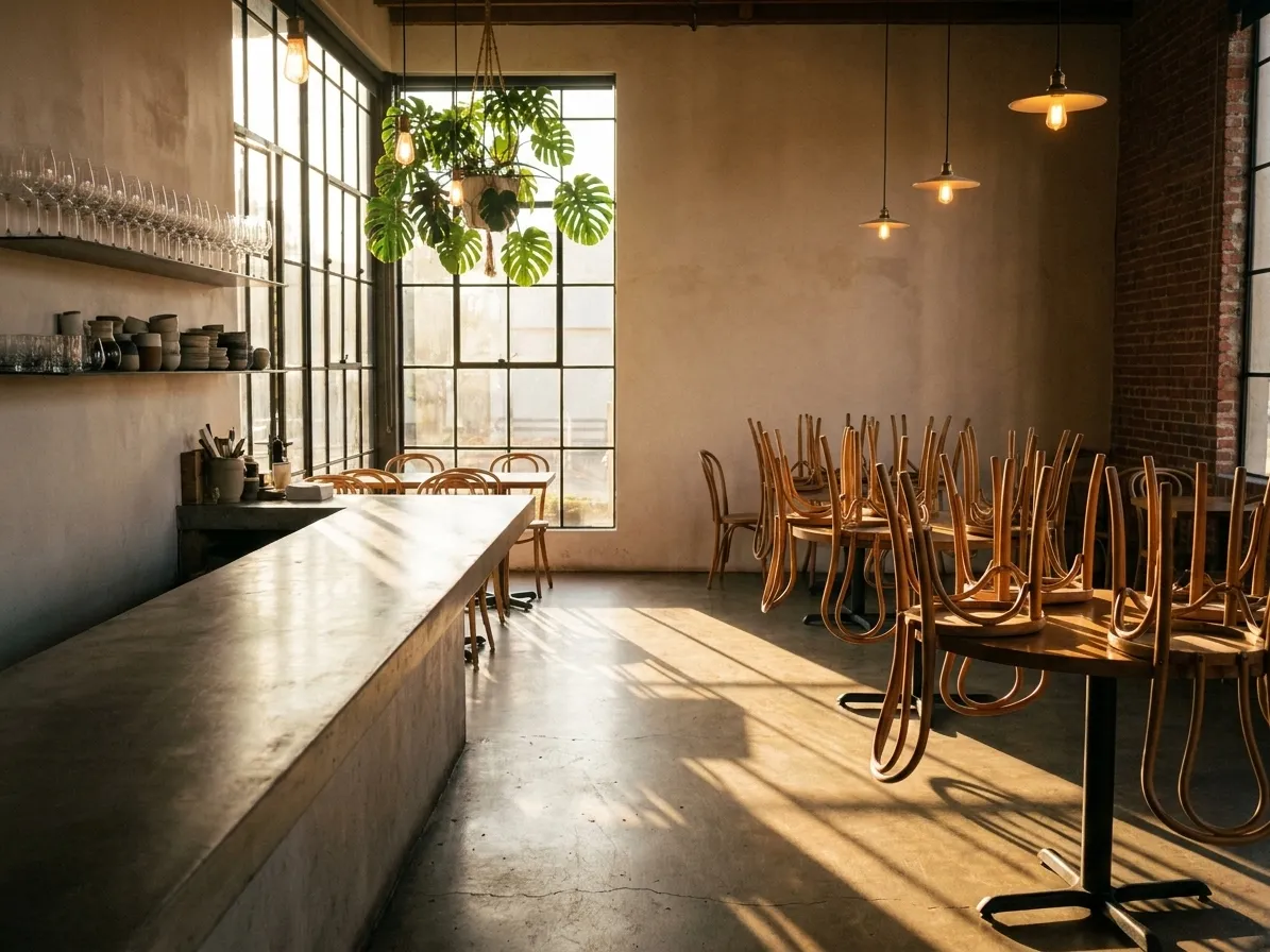 A bright Los Angeles dining room before service with upturned bentwood chairs, a bare counter and long afternoon light across a concrete floor
