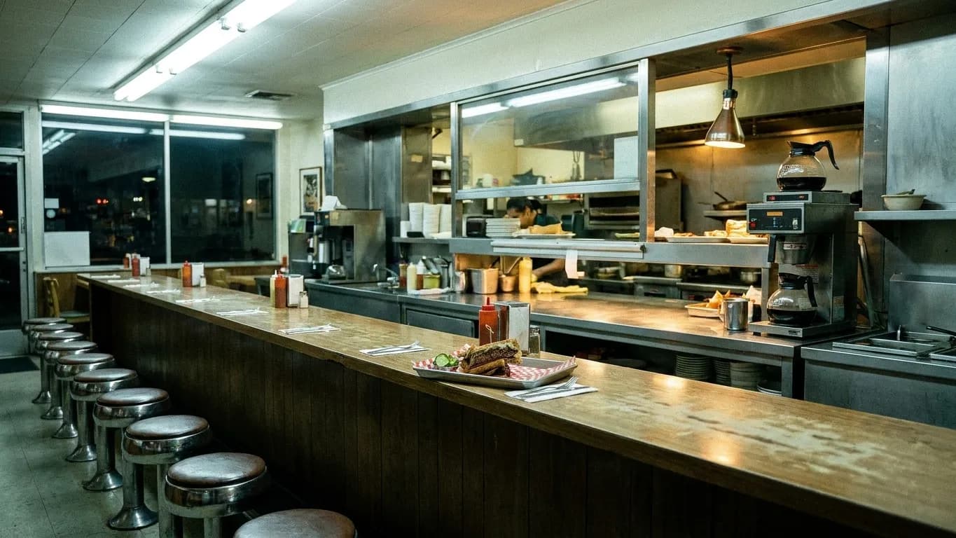 The counter of a Los Angeles diner in the small hours with swivel stools, a coffee warmer and one figure eating