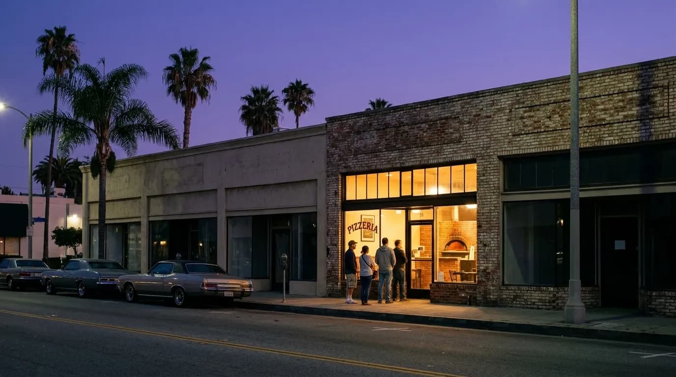A low-rise West Los Angeles storefront strip at dusk with one lit pizzeria window