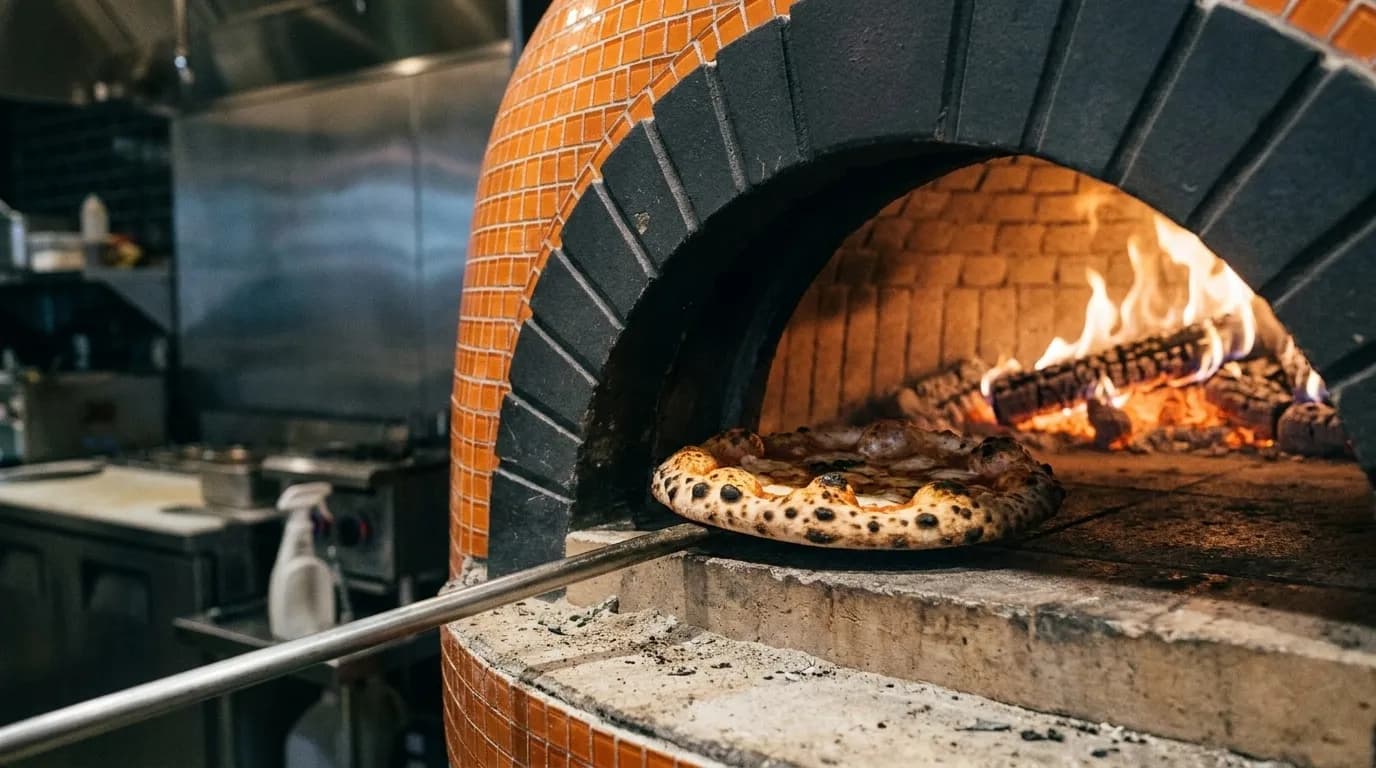 A pizza blistering at the mouth of a wood-fired oven during service