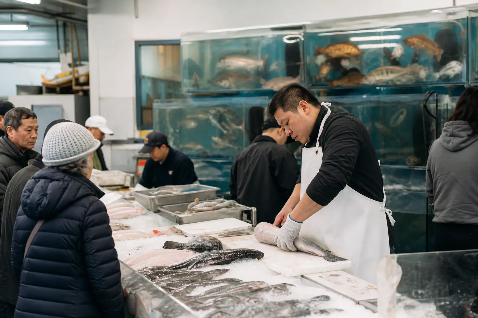 The live seafood counter and fish tanks at the San Gabriel 99 Ranch.