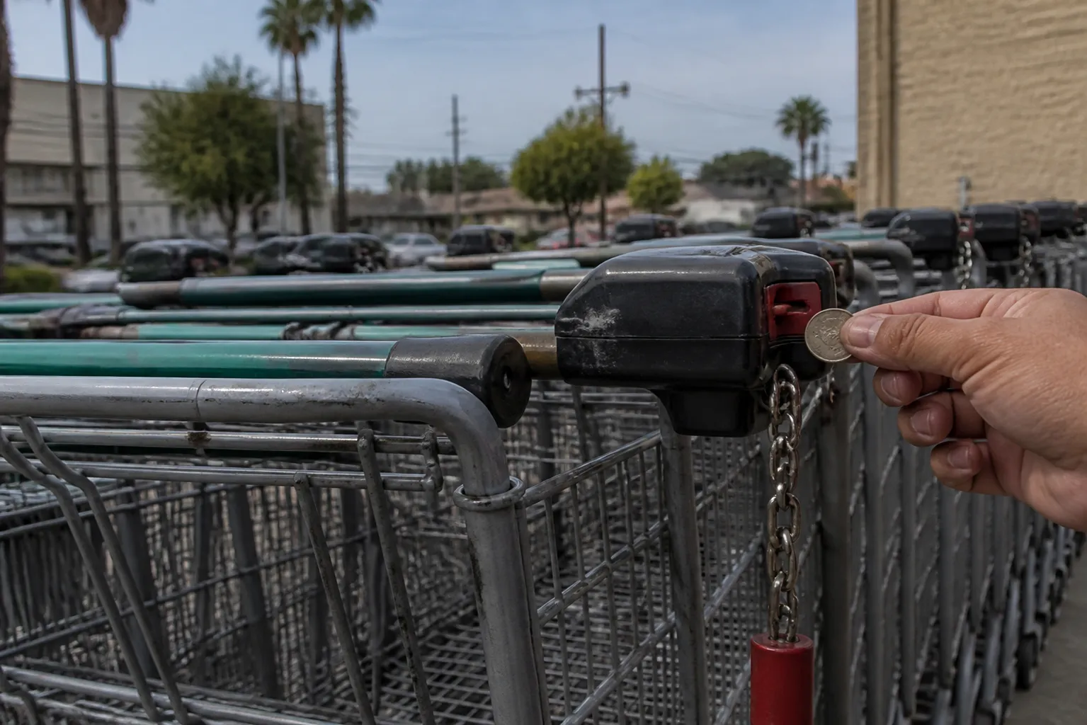 A close-up of a hand inserting a quarter into a shopping cart lock system.