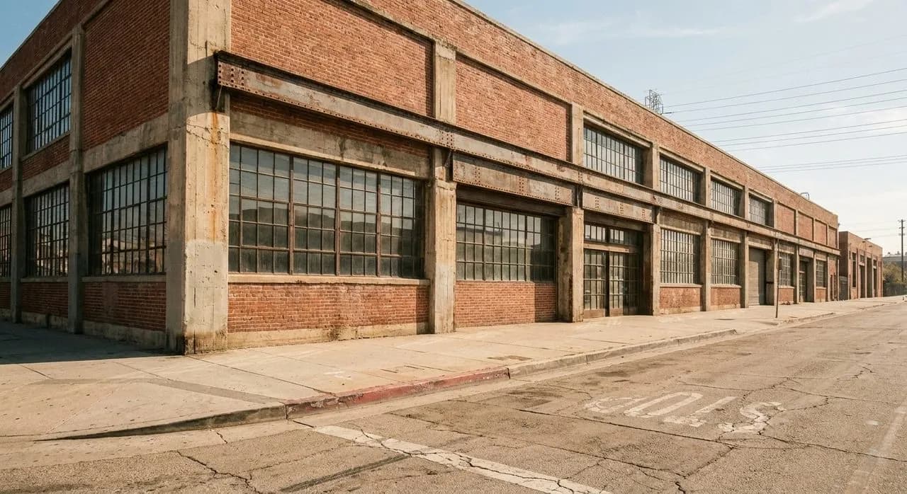 Wide view of a repurposed warehouse building in the Arts District, Downtown Los Angeles