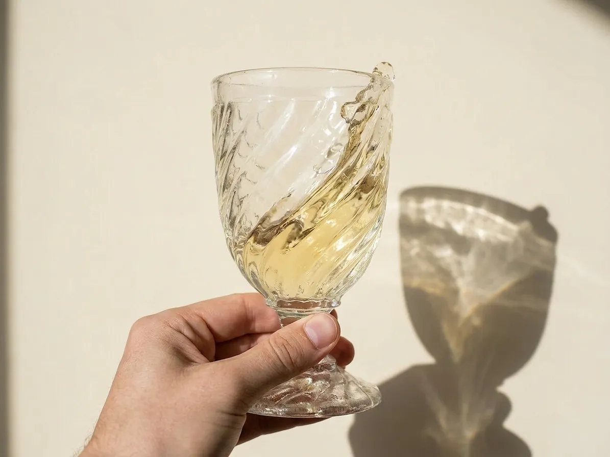 A glass of white wine being swirled, the liquid caught mid-motion against a pale background with a hand holding the stem