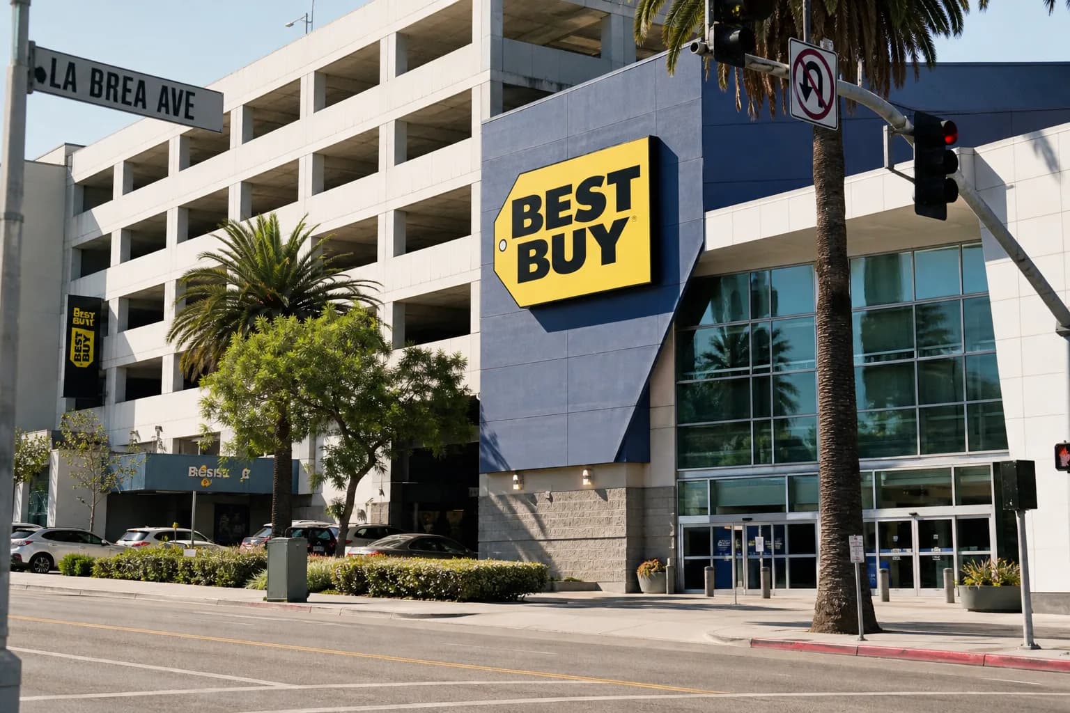 The exterior of the West Hollywood Best Buy on La Brea with the classic blue and yellow logo under palm trees.