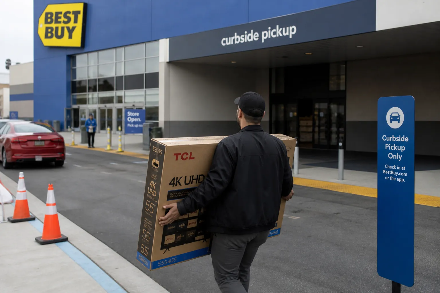 A customer loading a large TV box into their car trunk in the designated curbside pickup lane at the West LA Best Buy.