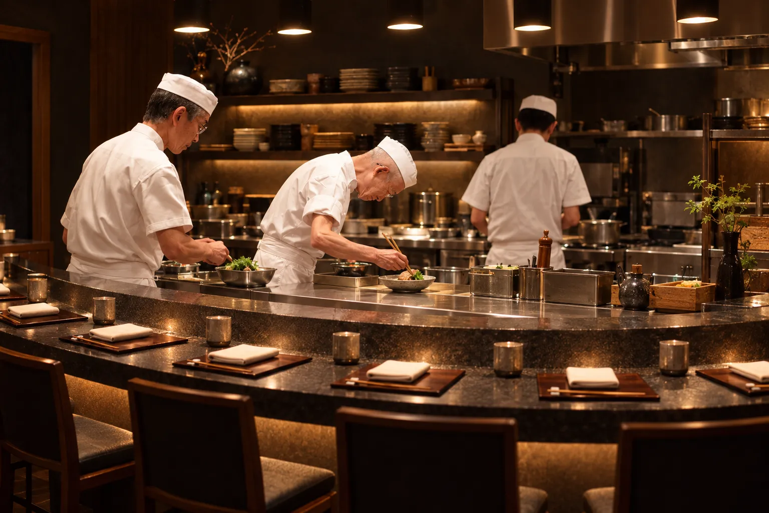 A short curved counter facing an open kitchen, ten places set with cooks working directly opposite