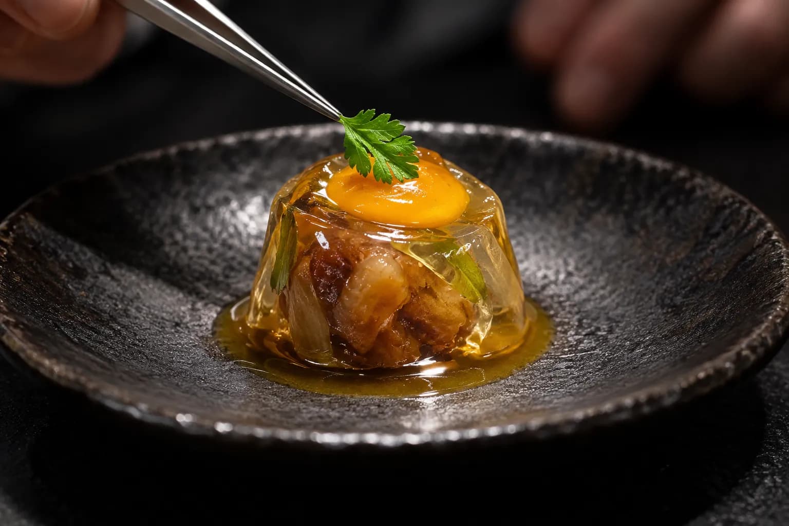 A single sculptural bite on a small dark plate, hands finishing it with tweezers just out of focus