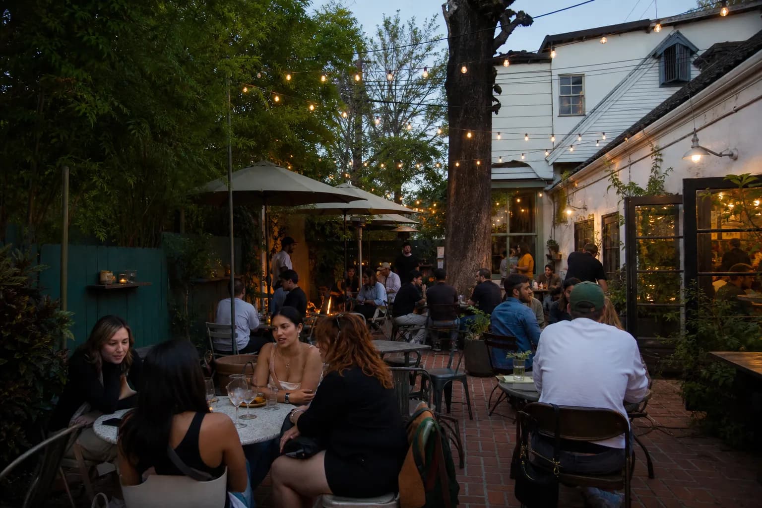 Wide shot of a bustling, tree-lined outdoor patio behind a local bookstore in Los Angeles with people reading and talking at wooden tables.