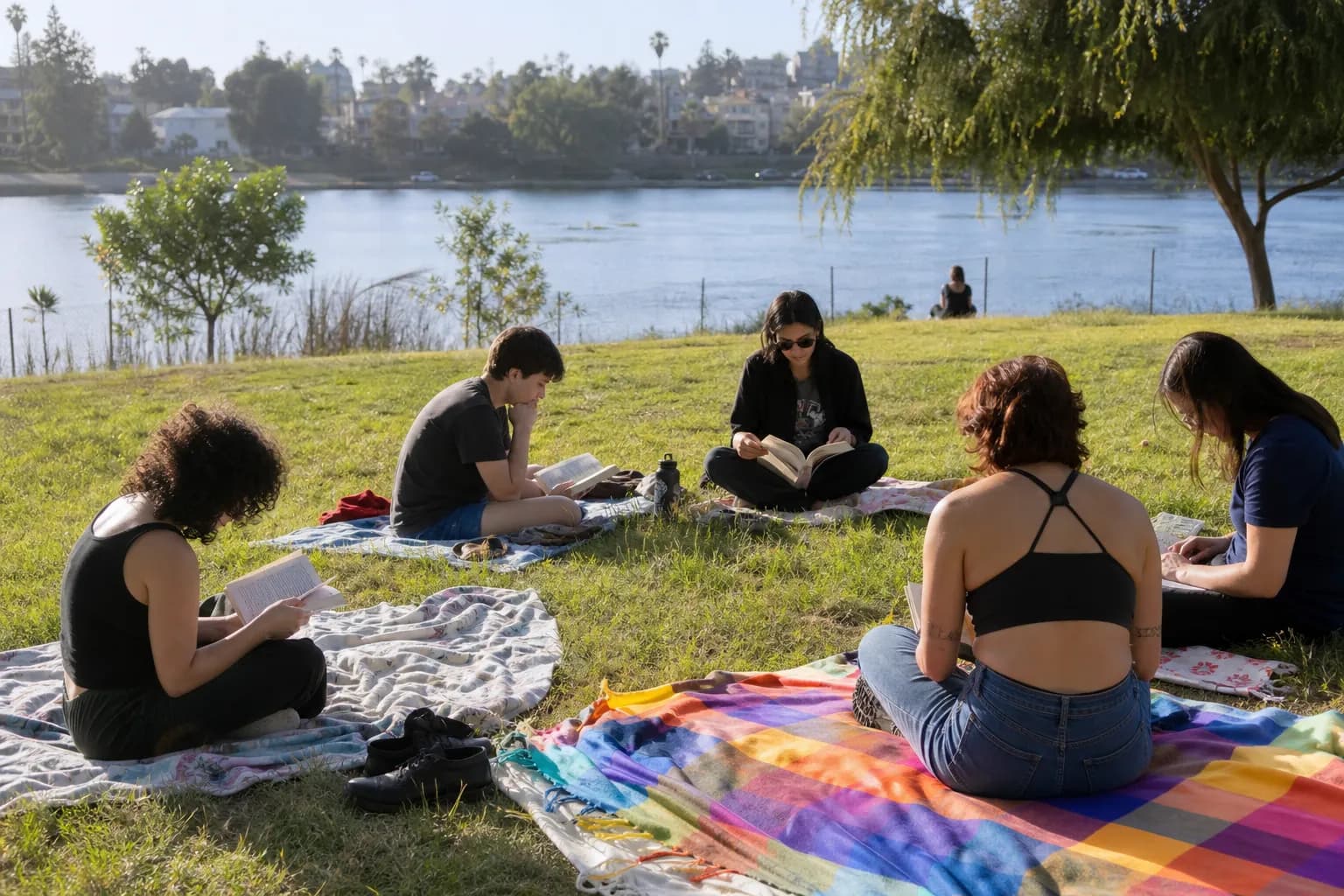 A group of friends reading on blankets at the grassy Silver Lake Meadow next to the water.