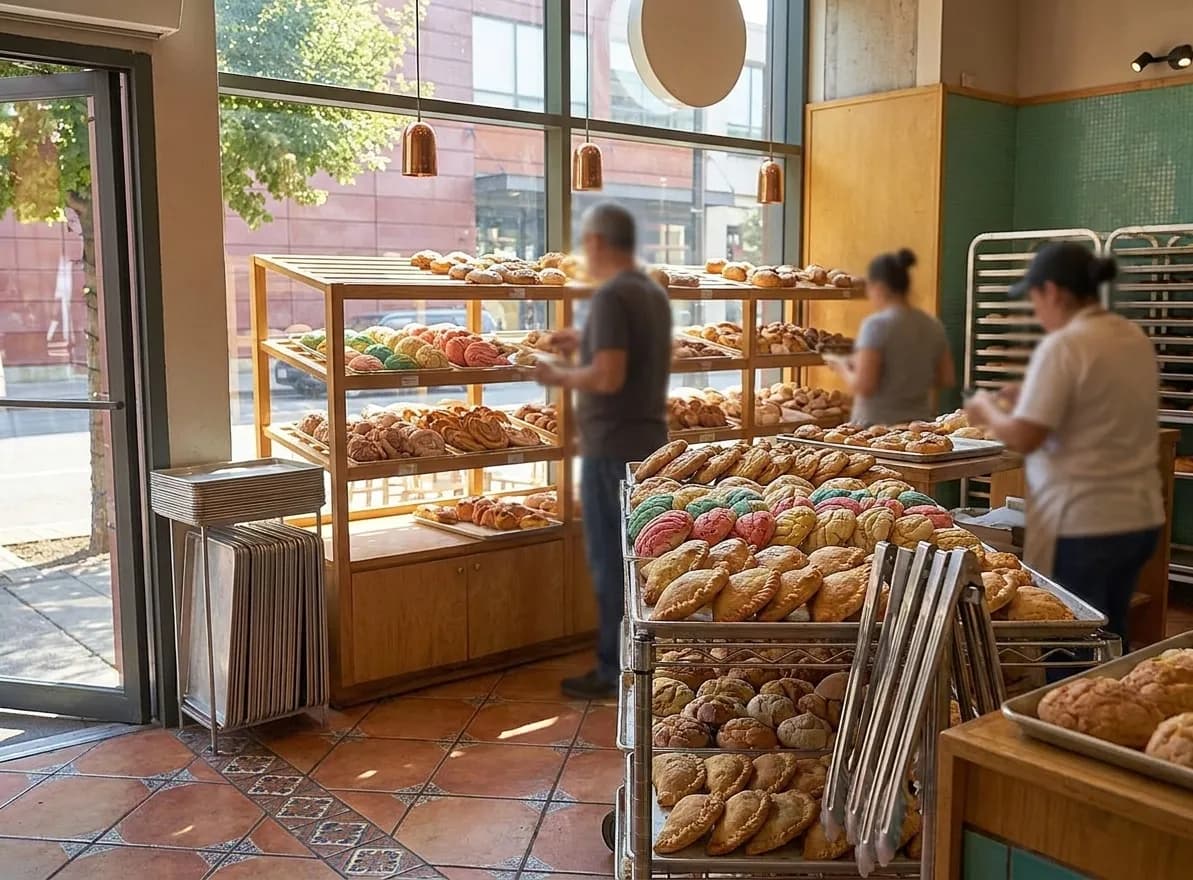 A Mexican bakery interior in the morning with open racks of sweet breads and conchas and metal trays and tongs stacked at the entrance