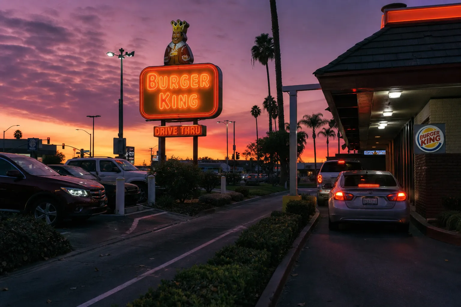 The exterior drive-thru lane of a Burger King in Los Angeles illuminated by glowing signs under a sunset sky.