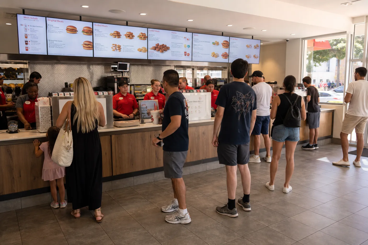 A modern Chick-fil-A interior counter with bright lighting, digital menu boards, and clean wood accents on the Westside of Los Angeles.