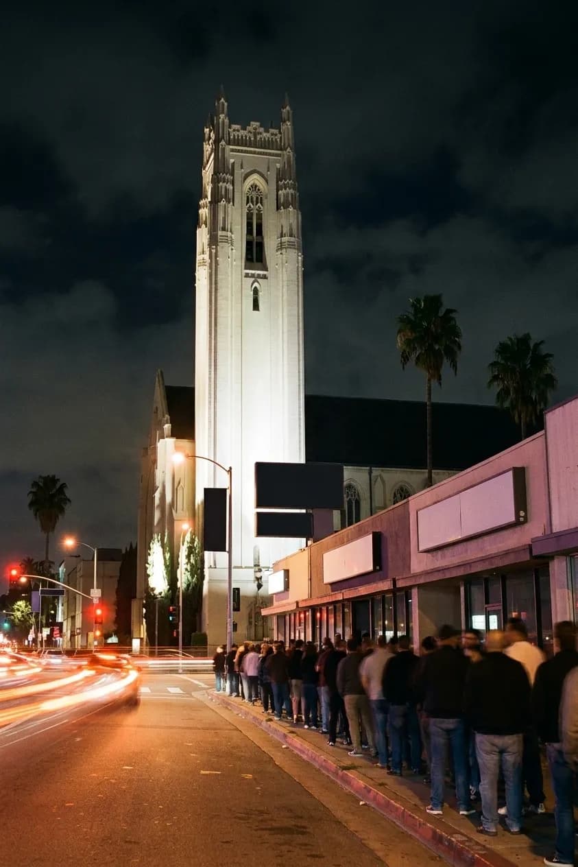 A Los Angeles nightlife street after midnight with blank unlettered frontages, palm trees against a dark sky and a queue on the pavement