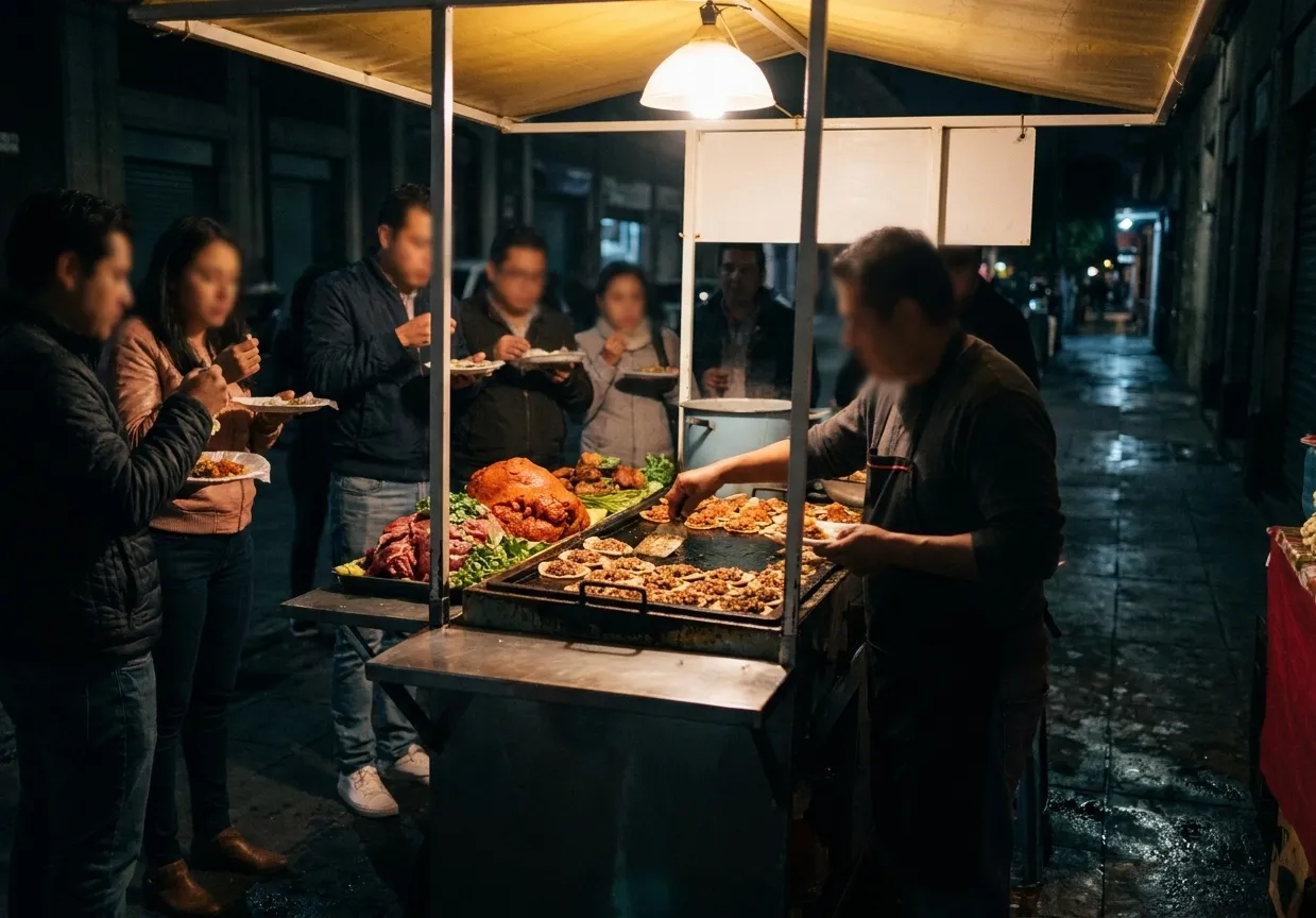 A late-night taco stand on a pavement with a griddle under a canopy light and a small crowd standing with paper plates
