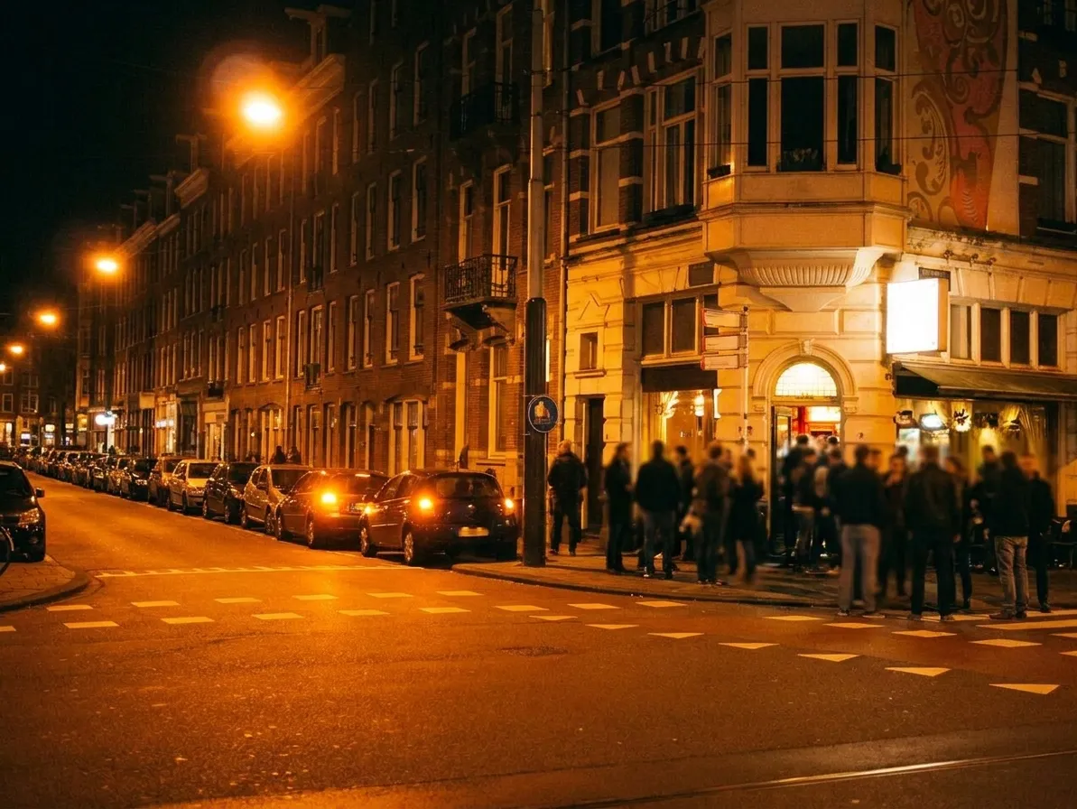 A wide city street at two in the morning with a lit doorway, people spilling out and rideshare hazard lights blinking at the kerb