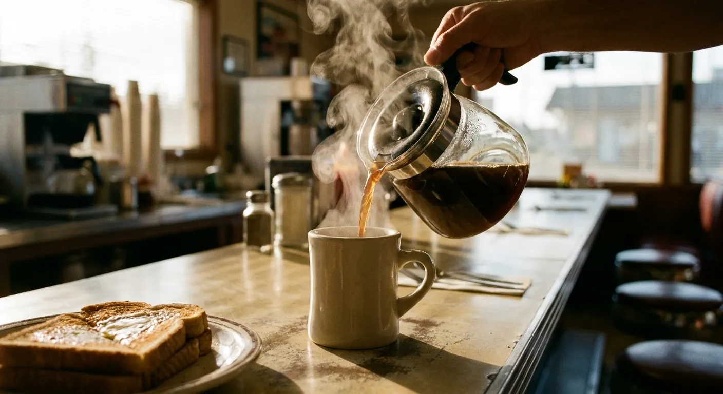 Coffee being poured from a glass pot into a heavy ceramic mug on a diner counter with steam rising and a plate of toast in frame
