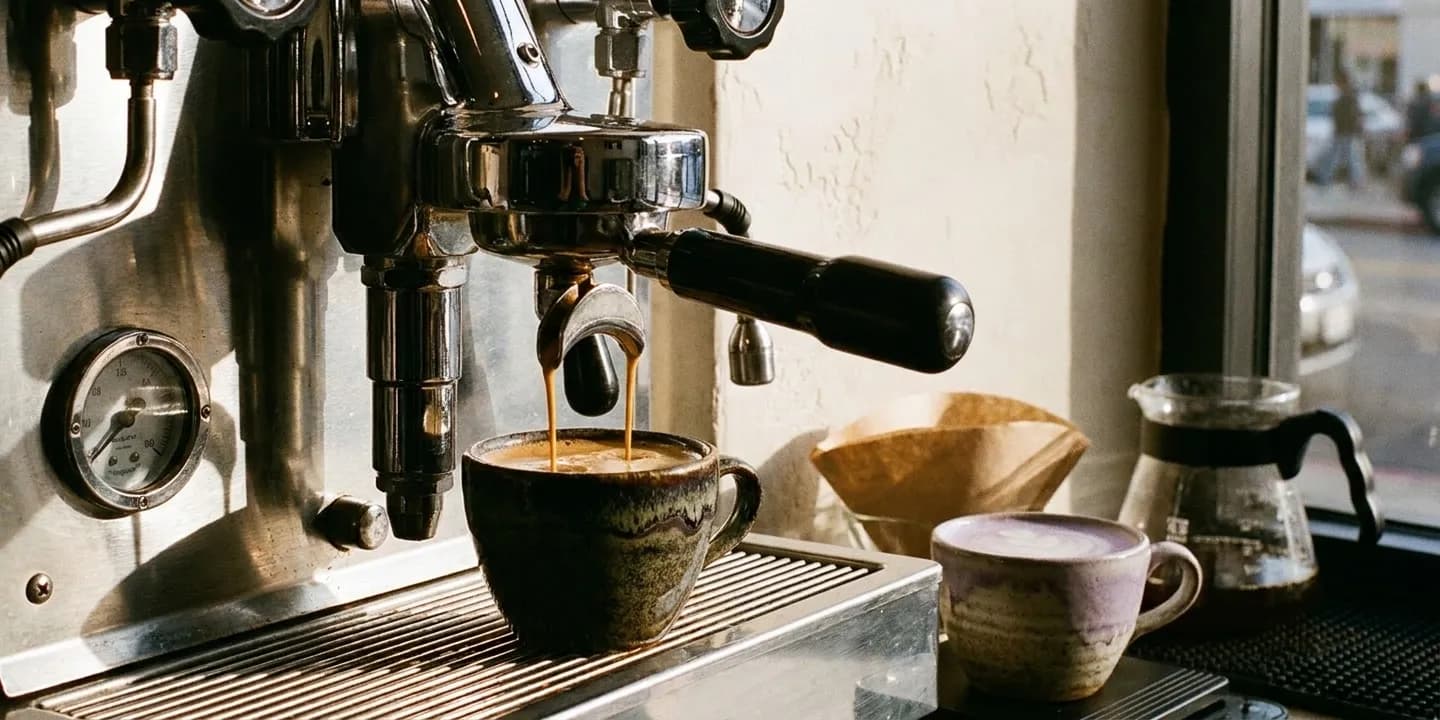 A ceramic cup catching a fresh espresso shot under the group head of a chrome machine in a small Koreatown Los Angeles cafe, with a pale sweet-potato latte and a glass pour-over server waiting beside it in low warm afternoon light
