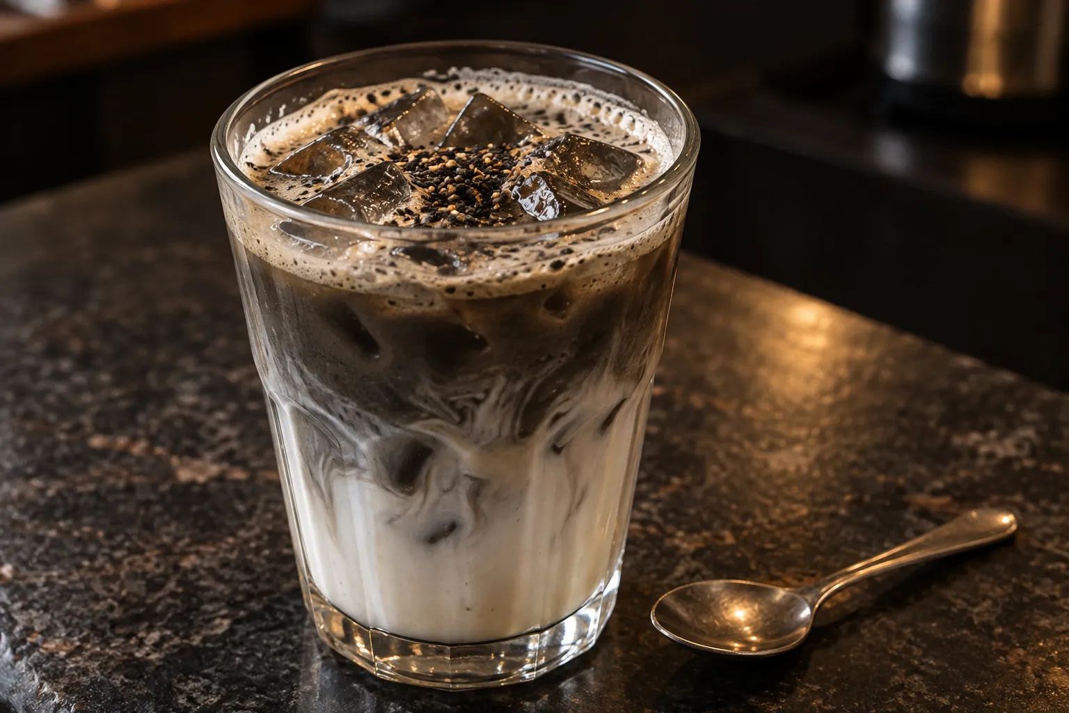 A grey-black sesame latte in a clear glass on a dark counter, the layers just beginning to blend