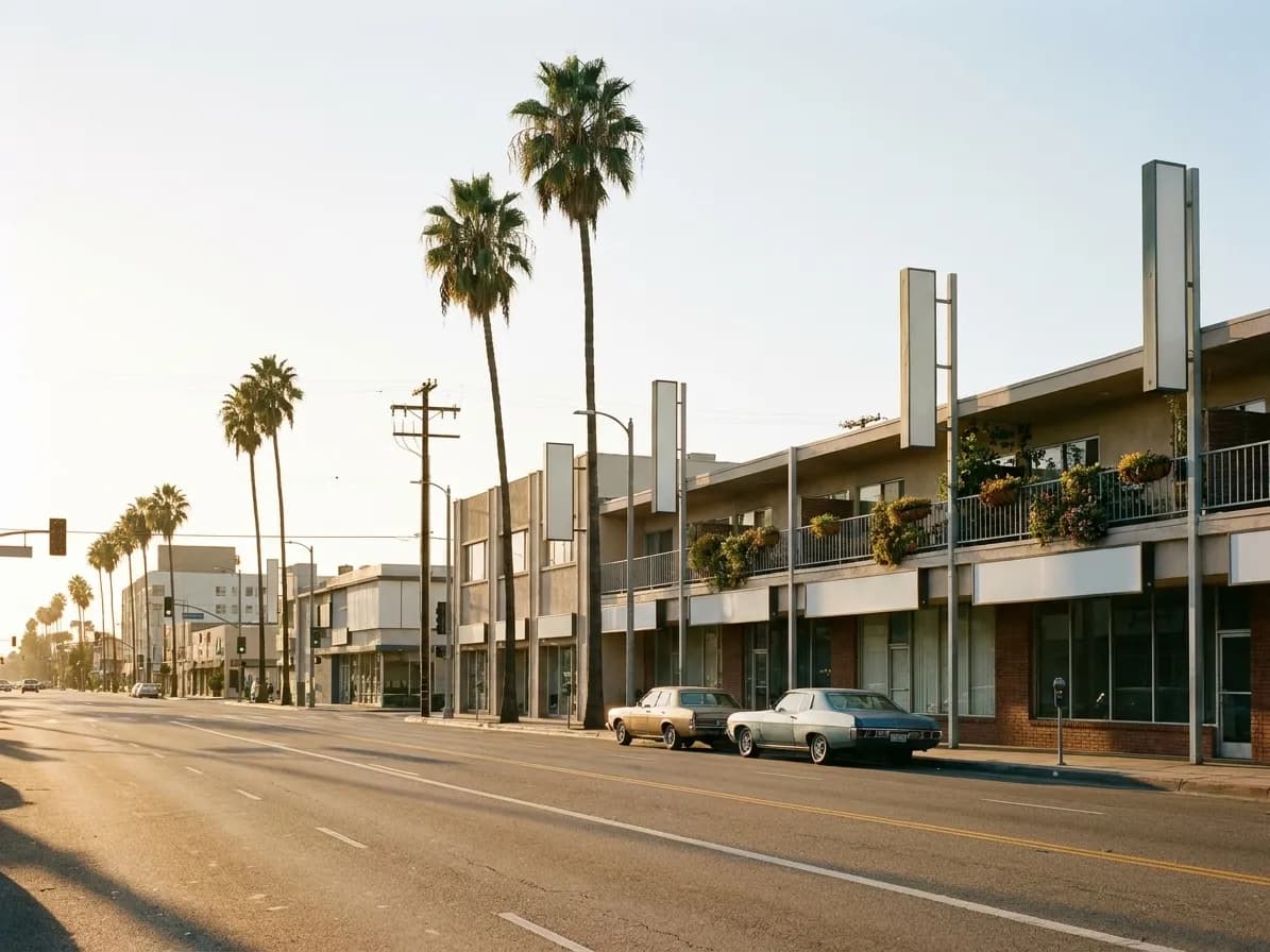 Wilshire Boulevard through Koreatown in Los Angeles in late afternoon light, lined with mid-century low-rise storefronts and stacked plaza buildings whose second-floor cafe terraces overlook the street, with palm trees breaking the roofline