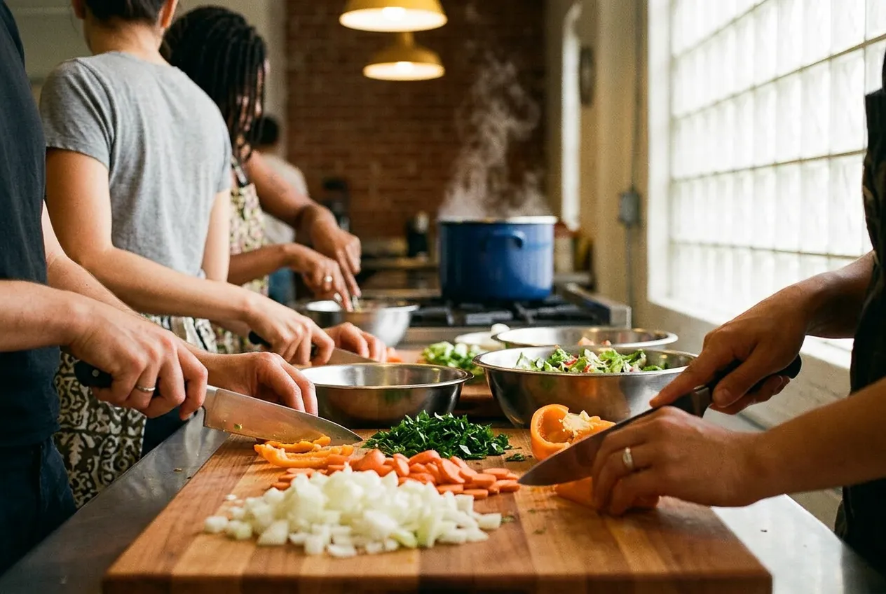 Close-up of hands preparing ingredients on a kitchen counter during a group cooking class.