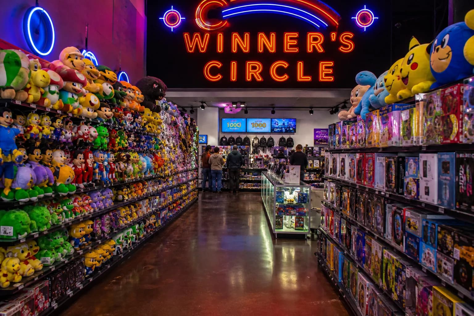 The brightly lit prize redemption center aisle filled with merchandise and toys inside an LA arcade.