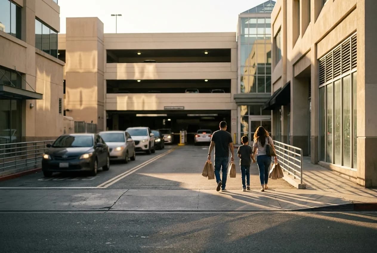 Family walking toward Glendale Galleria entrance from parking structure at golden hour with cars queuing in background
