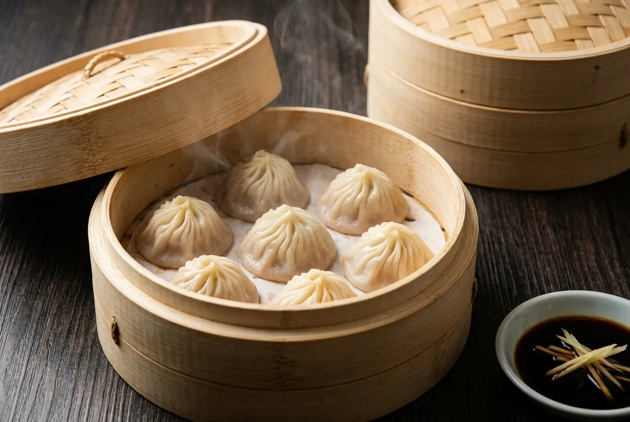Overhead view of open bamboo steamer with six xiao long bao dumplings, steam rising, vinegar dish beside on dark wood table