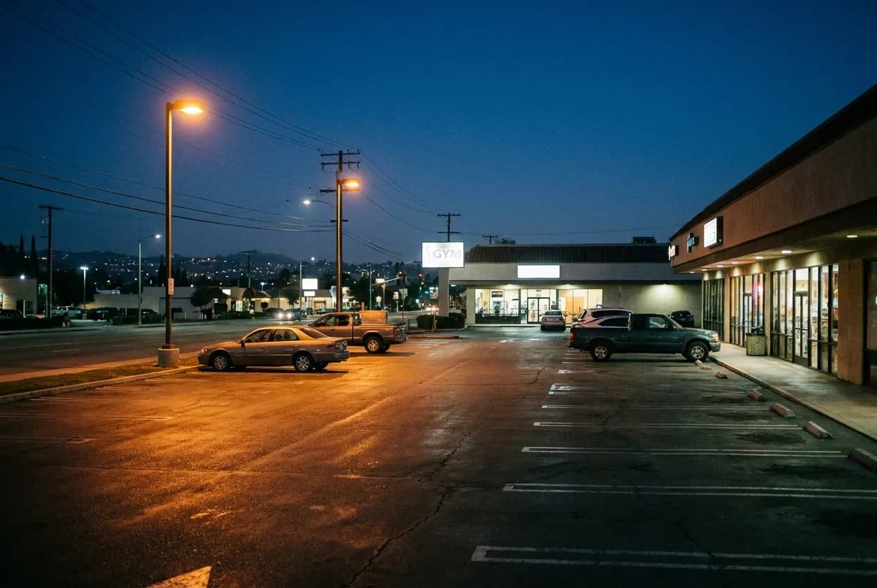 Night view of Atlantic Boulevard parking lot in Monterey Park with commercial storefronts and streetlights reflecting on asphalt