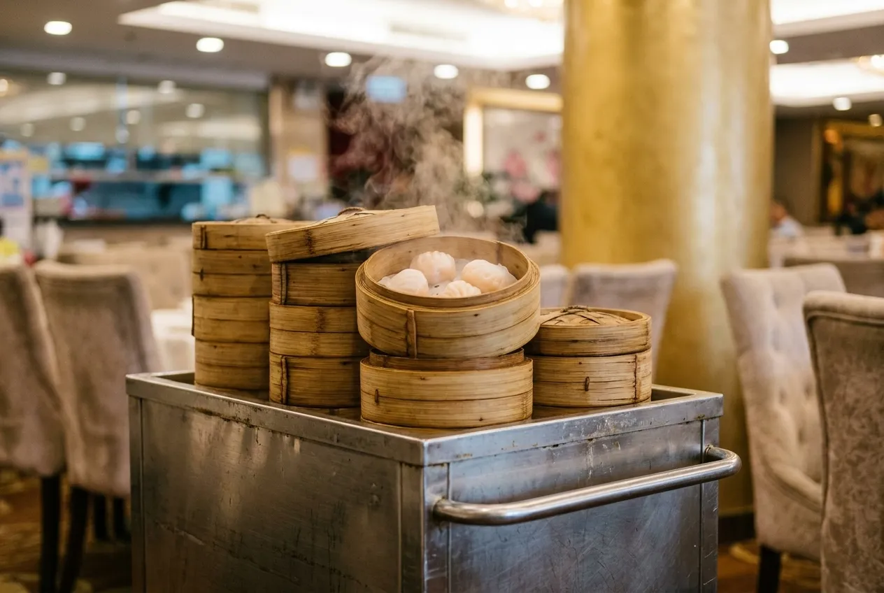 Dim sum push-cart with stacked bamboo steamers and steam rising from open basket in NBC Seafood dining room