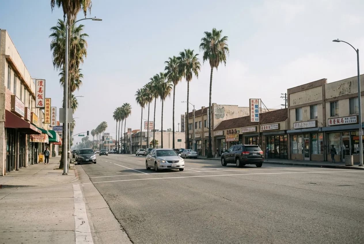 Rosemead Boulevard in mid-morning with palm trees, Chinese signage, and light traffic under hazy blue sky