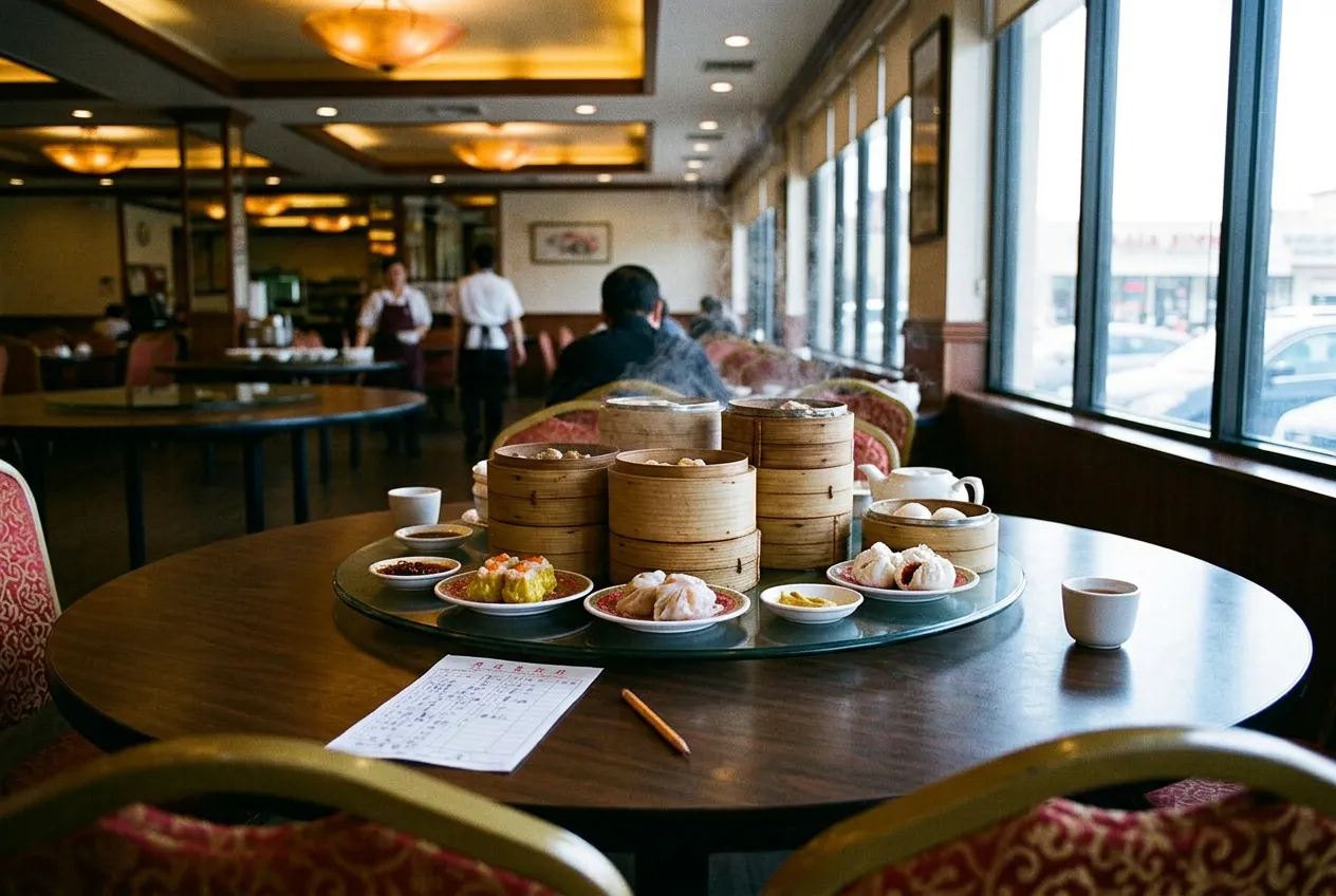 Dim sum dishes and a paper order sheet on a round banquet table inside a large Hong Kong-style dining room