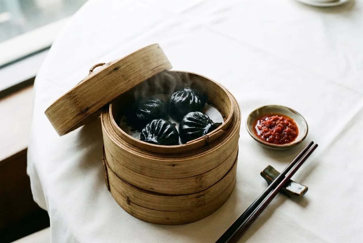 Overhead view of bamboo steamer baskets with black squid ink dumplings, XO sauce, and chopsticks on white tablecloth
