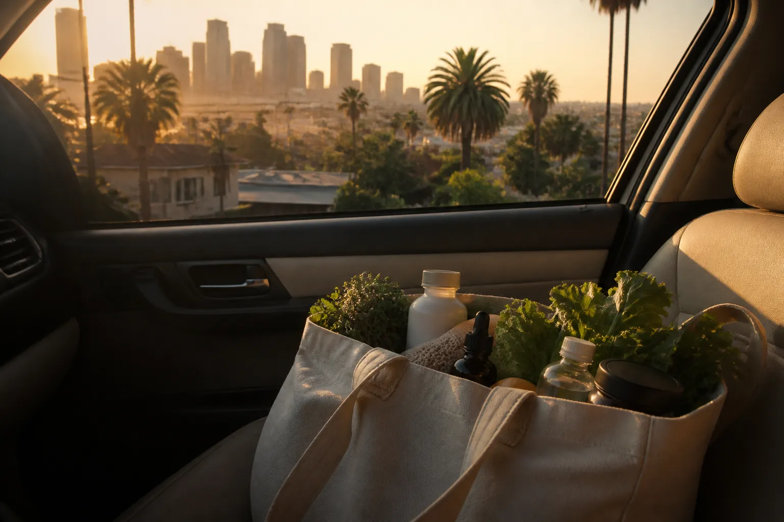 Golden hour Los Angeles skyline with palm trees and a wellness grocery tote in the foreground