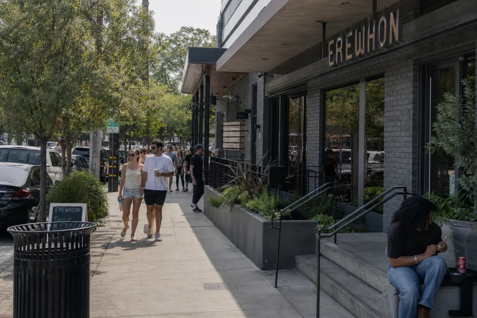 Late-morning Silver Lake sidewalk scene outside an organic market in Los Angeles