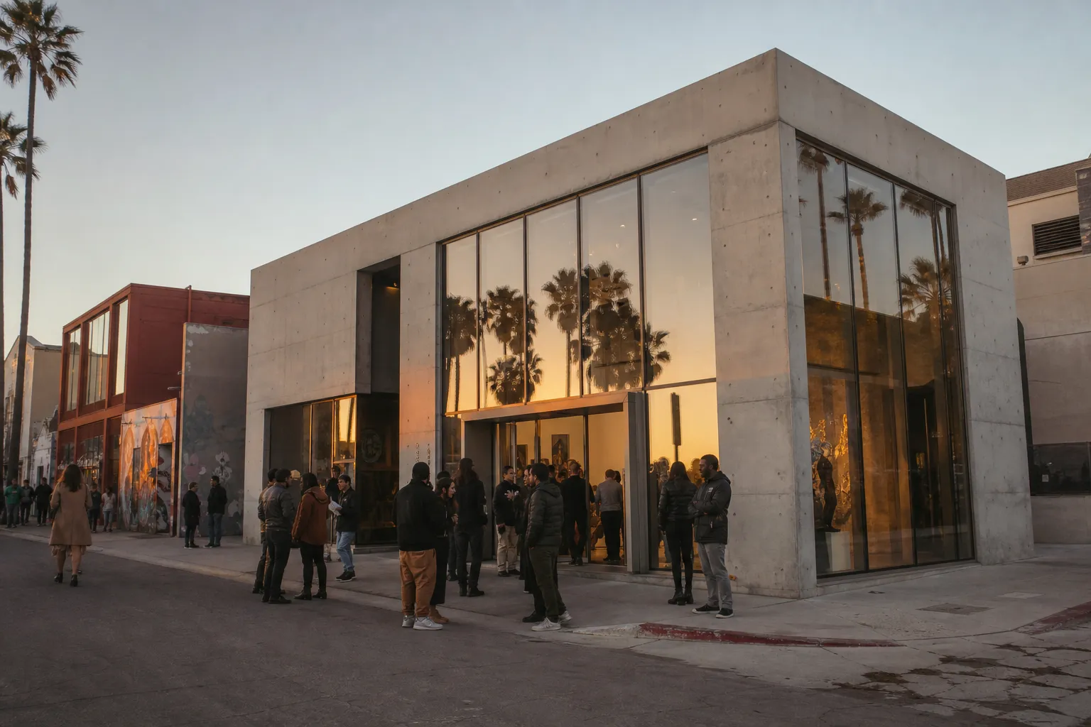 A minimalist modern concrete building with large glass windows and palm tree silhouettes against a golden hour sky in Venice Beach, California.
